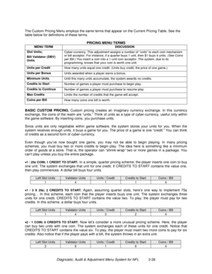 Page 46Diagnostic, Audit & Adjustment Menu System for NFL          3-26 The Custom Pricing Menu employs the same terms that appear on the Current Pricing Table. See the
table below for definitions of these terms.
PRICING MENU TERMS
MENU TERM DISCUSSION
Slot Units;
Bill Validator (DBV)
UnitsCyber-currency. This adjustment assigns a number of “units” to each coin mechanism
or bill acceptor. For instance, if a quarter buys 1 unit, then $1 buys 4 units. (See Coins
per Bill.) You insert a coin into a 1-unit coin...