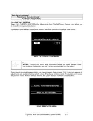 Page 51Diagnostic, Audit & Adjustment Menu System for NFL          3-31
Main Menu (continued)
Adjustments Menu (continued)
Full Factory Restore Menu
FULL FACTORY RESTORE
Select FULL FACTORY RESTORE at the Adjustments Menu. The Full Factory Restore menu allows you
to clear all memory counters at once.
Highlight an option with any player panel joystick. Select the option with any player panel button.
RESTORE ADJUSTMENTS & AUDITS?
YESNO
FULL FACTORY RESTORE MENU
NOTICE: 
Examine and record audit information before...