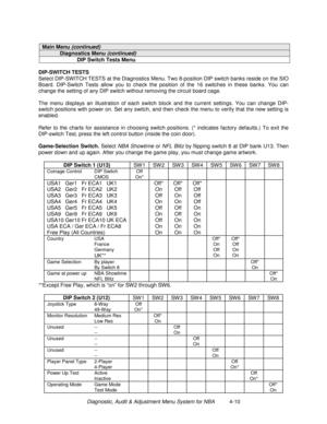 Page 64Diagnostic, Audit & Adjustment Menu System for NBA          4-10
Main Menu (continued)
Diagnostics Menu (continued)
DIP Switch Tests Menu
DIP-SWITCH TESTS
Select DIP-SWITCH TESTS at the Diagnostics Menu. Two 8-position DIP switch banks reside on the SIO
Board. DIP-Switch Tests allow you to check the position of the 16 switches in these banks. You can
change the setting of any DIP switch without removing the circuit board cage.
The menu displays an illustration of each switch block and the current...