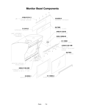 Page 104Parts          7-8
Monitor Bezel Components
03-8252-5
31-3418.208-7980
08-7853
03-9932.101-150844108-01219-11
5555-15098-00 4406-01128-00
4506-01106-24B4108-01193-10B
01-15083.3 