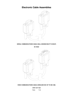 Page 128Parts          7-32
Electronic Cable Assemblies
SERIAL COMMUNICATIONS CABLE (NULL MODEM DB-9F TO DB-9F)
20-10532
VIDEO COMMUNICATIONS CABLE (SHIELDED DB-15F TO DB-15M)
5797-13171-00 