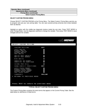 Page 43Diagnostic, Audit & Adjustment Menu System          3-23
Operator Menu (continued)
Adjustments Menu (continued)
Pricing Menu (continued)
Select Custom Pricing Menu
SELECT CUSTOM PRICING MENU
Choose SELECT CUSTOM PRICING at the Pricing Menu. The Select Custom Pricing Menu permits you
to program and use your own pricing table. You can save several pricing schemes and chose between
them as desired.
Highlight an option with the middle two diagnostic buttons inside the coin door. Press TEST MODE to
enter...