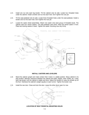 Page 91-5 [ ] 5.  Install one nut onto each leg leveler. Tilt the cabinet onto its side. Locate four threaded holes
under the cabinet. Install a leveler and nut into each hole. Don’t tighten the nuts yet.
[ ] 6.  Tilt the seat pedestal onto its side. Locate three threaded holes under the seat pedestal. Install a
leveler and nut into each hole. Don’t tighten the nuts yet.
[ ] 7.  Locate the caster wheel assemblies. Attach one caster onto each group of threaded studs. The
cabinet uses four swivel casters. The...