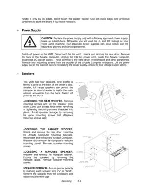 Page 95Servicing          5-9 handle it only by its edges. Don’t touch the copper traces! Use anti-static bags and protective
containers to store the board if you won’t reinstall it.
• 
Power Supply
CAUTION:
 Replace the power supply only with a Midway approved power supply.
Make no substitutions. Otherwise you will void the UL and CE listings on your
video game machine. Non-approved power supplies can pose shock and fire
hazards to players and service personnel.
Switch off power to the VGM. Disconnect the line...