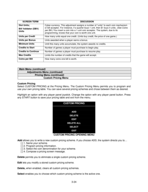 Page 463-24
SCREEN TERM DISCUSSION
Slot Units;
Bill Validator (DBV)
UnitsCyber-currency. This adjustment assigns a number of “units” to each coin mechanism
or bill acceptor. For instance, if a quarter buys 1 unit, then $1 buys 4 units. (See Coins
per Bill.) You insert a coin into a 1-unit coin acceptor. The system, due to its
programming, knows that your coin is worth one unit.
Units per Credit
How many units equal one credit. (Units buy credit, the price of one game.)
Units per Bonus
Units awarded when a...