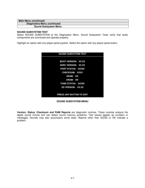 Page 614-7
Main Menu (continued)
Diagnostics Menu (continued)
Sound Subsystem Menu
SOUND SUBSYSTEM TEST
Select SOUND SUBSYSTEM at the Diagnostics Menu. Sound Subsystem Tests verify that audio
components are connected and operate properly.
Highlight an option with any player panel joystick. Select the option with any player panel button.
SOUND SUBSYSTEM TEST
BOOT VERSION:   XX.XX
SDRC VERSION:   XX.XX
PORT STATUS:   GOOD
CHECKSUM:   XXXX
SRAM:   OK
DRAM:   OK
TONE STATUS:   GOOD
OS VERSION:   XX.XX
PRESS ANY...