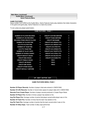 Page 714-17
Main Menu (continued)
Audits Menu (continued)
Game Features Menu
GAME FEATURES
Select GAME FEATURES at the Audits Menu. Game Features tracks play statistics that relate characters
in the game and game play. Game Features is a read-only screen.
To exit, press any player panel button.
GAME FEATURES – PAGE: 1
NUMBER OF PLAYER RECORDS
NUMBER OF LRU RECORDS
RECORDS FROM CREATE PLAYER
NUMBER OF PLAYER FIRE
AVG PTS PLAYER FIRE
NUMBER OF TEAM FIRE
AVG PTS TEAM FIRE
NUMBER OF ALLEY OOPS
NUMBER OF DOUBLE...