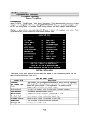 Page 794-25
Main Menu (continued)
Adjustments Menu (continued)
Pricing Menu (continued)
Custom Pricing Menu
Custom Pricing
Select CUSTOM PRICING at the Pricing Menu. The Custom Pricing Menu permits you to program and
use your own pricing table. The menu heading CREATING XXXX allows you to input a descriptive name
for your new pricing table. You can save several pricing schemes and chose between them as desired.
Highlight an option with any player panel joystick. Change the option with any player panel button....