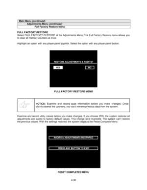 Page 844-30
Main Menu (continued)
Adjustments Menu (continued)
Full Factory Restore Menu
FULL FACTORY RESTORE
Select FULL FACTORY RESTORE at the Adjustments Menu. The Full Factory Restore menu allows you
to clear all memory counters at once.
Highlight an option with any player panel joystick. Select the option with any player panel button.
RESTORE ADJUSTMENTS & AUDITS?
YESNO
FULL FACTORY RESTORE MENU
NOTICE: Examine and record audit information before you make changes. Once
you’ve cleared the counters, you...