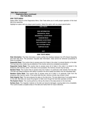 Page 594-8
Main Menu (continued)
Diagnostics Menu (continued)
Disk Tests Menu
DISK TESTS MENU
Select DISK TESTS at the Diagnostics Menu. Disk Tests allow you to verify proper operation of the hard
disk drive assembly.
Highlight an option with any player panel joystick. Select the option with any player panel button.
DISK TESTS
DISK INFORMATION
SEQUENTIAL READ
SEQUENTIAL CACHE READ
RANDOM READ
RANDOM CACHE READ
DATA INTEGRITY TEST
FILE SYSTEM CHECK
SURFACE SCAN
EXIT
DISK TESTS MENU
Disk Information. 
The Disk...