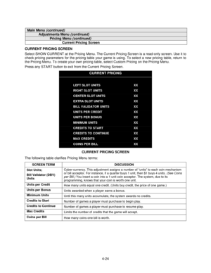 Page 754-24
Main Menu (continued)
Adjustments Menu (continued)
Pricing Menu (continued)
Current Pricing Screen
CURRENT PRICING SCREEN
Select SHOW CURRENT at the Pricing Menu. The Current Pricing Screen is a read-only screen. Use it to
check pricing parameters for the pricing table your game is using. To select a new pricing table, return to
the Pricing Menu. To create your own pricing table, select Custom Pricing on the Pricing Menu.
Press any START button to exit from the Current Pricing Screen.
CURRENT...