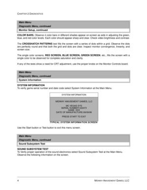Page 204MIDWAY AMUSEMENT GAMES, LLC 
CHAPTER 2 DIAGNOSTICS
COLOR BARS.
 Observe 4 color bars in different shades appear on-screen as aids in adjusting the green,
blue, and red color levels. Each color should appear sharp and clear. Check video brightness and contrast.
The CROSSHATCH PATTERNS
 test fills the screen with a series of dots within a grid. Observe the dots
are perfectly round and that both the grid and dots are clear. Inspect monitor convergence, linearity, and
screen size.
The single color screens,...