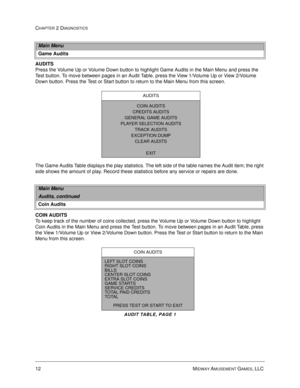 Page 3012 MIDWAY AMUSEMENT GAMES, LLC 
CHAPTER 2 DIAGNOSTICS
AUDITS
Press the Volume Up or Volume Down button to highlight Game Audits in the Main Menu and press the 
Test button. To move between pages in an Audit Table, press the View 1/Volume Up or View 2/Volume 
Down button. Press the Test or Start button to return to the Main Menu from this screen.
The Game Audits Table displays the play statistics. The left side of the table names the Audit item; the right 
side shows the amount of play. Record these...