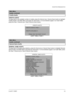 Page 31C.A.R.T. FURY13
CHAPTER 2 DIAGNOSTICS
CREDITS AUDITS
To keep track of the available number of credits, press the Volume Up or Volume Down button to highlight 
Credits Audits in the Main Menu and press the Test button. To move between pages in an Audit Table, 
press the View 1/Volume Up or View 2/Volume Down button.   
AUDIT TABLE, PAGE 1
GENERAL GAME AUDITS
To keep track of the game play statistics, press the Volume Up or Volume Down button to highlight General 
Game Audits in the Main Menu and press the...