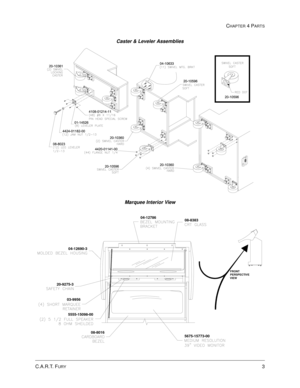 Page 67CHAPTER 4 PARTS
3C.A.R.T. FURY
Caster & Leveler Assemblies
Marquee Interior View
04-12690-3
03-9956
5555-15098-00
08-8383
20-9275-304-12786
5675-15773-00 08-8016
FRONT
PERSPECTIVE
VIEW 