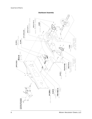 Page 72CHAPTER 4 PARTS
8    MIDWAY AMUSEMENT GAMES, LLC
Dashboard Assembly
4420-01185-00
4700-00135-00B
4020-01100-12
5795-15667-1504-12908.1
H-23218
03-9974.1 (SEE DETAIL DRAWING) STEERING MECHANISM
31-3523
A-23875
04-12923 04-12910.1
RM-22-38 