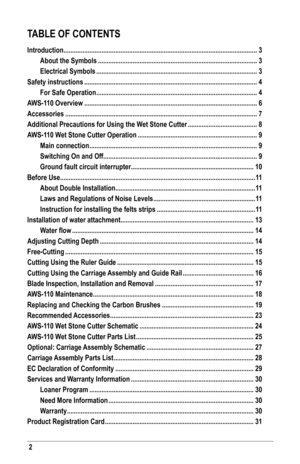 Page 22
TABLE OF CONTENTS
Introduction ........................................................................\
........................................3
 About the Symbols ........................................................................\
....................3
 Electrical Symbols ........................................................................\
.....................3
Safety instructions ........................................................................\
............................4
 For...