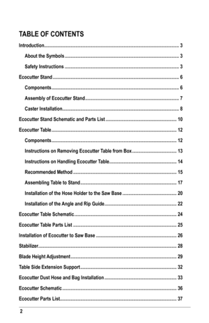 Page 22
TABLE OF CONTENTS
Introduction ........................................................................\
........................................3
About the Symbols ........................................................................\
.......................3
 Safety Instructions ........................................................................\
.......................3
Ecocutter Stand ........................................................................\...