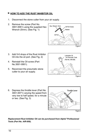 Page 1010
 hoW To aDD The RusT InhIbIT oR oIl
1.  Disconnect the stone cutter from your air supply.
2.  Remove the screw (Part No. 
3001-0061) using the supplied Hex 
Wrench (5mm). (See Fig. 1)
3.  Add 5-6 drops of the Rust Inhibitor 
Oil into the oil port. (See Fig. 2)
4.  Reinstall the Oil screw (Part 
No.3001-0061). 
5.  Reconnect the pneumatic stone 
cutter to your air supply.
6.  Depress the throttle lever (Part No. 
3001-0071) varying the speed from 
very low to half speed, for a minute 
or two. (See Fig....