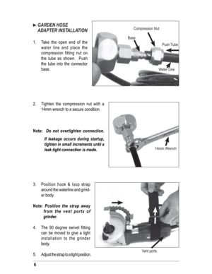 Page 66
3.  Position hook & loop strap 
around the waterline and grind-
er body.
Note: Position the strap away 
from the vent ports of 
grinder.
4.  The 90 degree swivel ﬁ tting 
can be moved to give a tight 
installation to the grinder 
body.
5.  Adjust the strap to a tight position. 2.  Tighten the compression nut with a 
14mm wrench to a secure condition.
Note:  Do not overtighten connection.
If leakage occurs during startup, 
tighten in small increments until a 
leak tight connection is made.
 GARDEN HOSE...