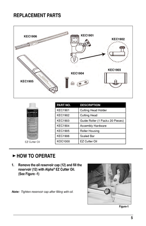 Page 55
KEC1901KEC1902
REPlACEmENT PARTS
PART NO. DESCRIPTION
KEC1901 Cutting Head Holder
KEC1902 Cutting Head
KEC1903 Guide Roller (1 Pack= 20 Pieces)
KEC1904 Assembly Hardware
KEC1905 Roller Housing
KEC1906 Scaled Bar
KOC1000 EZ Cutter Oil
KEC1905KEC1906
KEC1903
KEC1904
1.  r emove the oil reservoir cap (12) and fill the 
reservoir (12) with 
a
 lpha® EZ Cutter Oil.  
(See Figure -1)
Note:  Tighten reservoir cap after filling with oil.
 HOW TO OPERATE
Figure-1
EZ Cutter Oil   