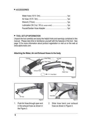 Page 66
 ACCESSORIES 
  Water hose (10 ft / 3m) ....................................................... 1pc
  Air hose (10 ft / 3m) ............................................................ 1pc    
  Wrench (17mm) ................................................................. 1pc          
  Lubrication Oil (1oz / 30 cc 
sample bottle) ............................... 1pc
 Faucet/Garden Hose Adapter ............................................ 1pc
 TOOL SET-UP INFORMATION
Unpack the tool carefully and...