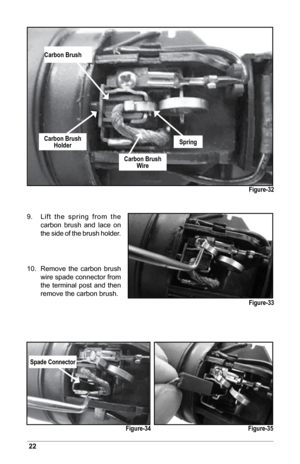 Page 2422
Carbon Brush
Carbon BrushHolder
Carbon Brush Wire
Spring
Figure-32
Figure-33
Figure-34 Figure-35
9. 
  Lift  the  spring  from  the 
carbon  brush  and  lace  on 
the side of the brush holder.
10.    Remove  the  carbon  brush 
wire spade connector from 
the  terminal  post  and  then 
remove the carbon brush.
Spade Connector  