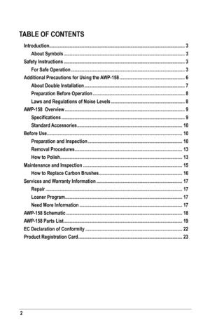 Page 22
TAble of CoNTeNTs
Introduction ........................................................................\
........................................ 3
  About symbols ........................................................................\
............................ 3
safety Instructions ........................................................................\
............................ 3
  for safe operation ........................................................................\...