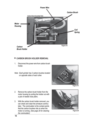 Page 1818
 CARBON BRUSH HOLDER REMOVAL
Disconnect the power wire from carbon brush 
holder.
Note:  Each grinder has 2 carbon brushes located 
on opposite sides of each other.  
2.  Remove the carbon brush holder from the 
motor housing by pulling the holder out with 
a pair of needle nose pliers.
3.  With the carbon brush holder removed, you 
can check and clean the armature commu-
tator.  The commutator is the contact points 
that the carbon brushes ride on when the 
motor is running. (See page 20 for cleaning...