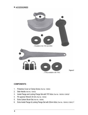 Page 44
 ACCESSORIES
COMPONENTS:
Protective Cover w/ Clamp Screw (Part No. 130653)
Side Handle (Part No. 130433)
Inside Flange and Locking Flange Set with 7/8” Arbor (Part No. 136038 & 136039)*
Pin spanner Wrench 34 mm (Part No. 130434)
Extra Carbon Brush Set (Part No. 136046)
Extra Inside Flange & Locking Flange Set with 20mm Arbor (Part No. 136040 & 136041)**
1.
2.
3.
4.
5.
6.
Figure-2
 

 
(**Only available in the 115V) (*Available in the 115V and 230V) 