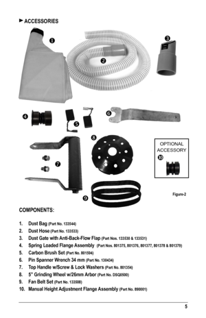 Page 55
 ACCESSORIES
COMPONENTS: 
1. Dust Bag (Part No. 133544)
2. Dust Hose (Part No. 133533)
3. Dust Gate with Anti-Back-Flow Flap (Part Nos. 133530 & 133531)
4. Spring Loaded Flange Assembly  (Part Nos. 801375, 801376, 801377, 801378 & 801379)
5. Carbon Brush Set (Part No. 801594)
6. Pin Spanner Wrench 34 mm (Part No. 130434)
7. Top Handle w/Screw & Lock Washers (Part No. 801354)
8. 5” Grinding Wheel w/26mm Arbor (Part No. DSQ0500)
9. Fan Belt Set (Part No. 133508)
10. Manual Height Adjustment Flange...