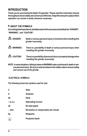 Page 66
INTRODUCTION
Thank you for purchasing the Alpha® Ecogrinder.  Please read this instruction manual 
thoroughly to ensure safety and correct use of this tool.  Keep this man\
ual in a place where 
operators can access it easily whenever necessary.
 ABOUT THE SYMBOLS
According	to	the	 hazard	 level,	all	safety	 notes	in	this	 manual	 are	classified	 into	“DANGER”, 		
“WARNING”,	and	“CAUTION”.
    DANGER!  Death or serious personal injury is imminent when handling this 
grinder incorrectly.
  WARNING!...