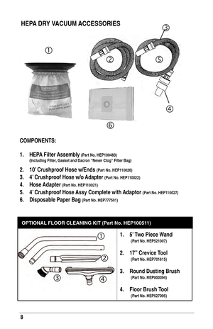 Page 88
HEPA DRy VACUUM ACCEsso RIE s



CoMPoNENTs: 
1.  
HEP
 A 
f
 ilter Assembly 
(Part No. HEP100483) 
(Including 
f
ilter, Gasket and Dacron “Never Clog”  f ilter  b ag)
2. 10’ Crushproof Hose w/Ends (Part No. HEP110026)
3. 4’ Crushproof Hose w/o Adapter (Part No. HEP110022)
4. Hose Adapter (Part No. HEP110021)
5. 4’ Crushproof Hose Assy Complete with Adaptor (Part No. HEP110027)
6. Disposable Paper b ag (Part No. HEP777501)
OPTIONAL FLOOR CLEANING KIT (Part No. HEP100511) 



1. 5’ Two Piece...