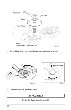 Page 1212
4. Set the blade with ring and base flange, then tighten the wheel nut.
5.    Close Main Unit and tighten Knob Bolt.
  W aRNING!
Confirm the Guard is moving smoothly
® ®figure-12
figure-13 figure-14
Securely Close  