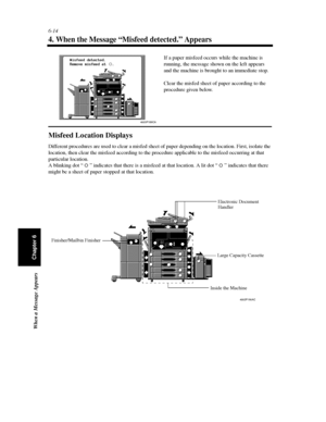 Page 1816-14
When a Message Appears
Chapter 6
4. When the Message “Misfeed detected.” Appears
Misfeed Location Displays
Different procedures are used to clear a misfed sheet of paper depending on the location. First, isolate the
location, then clear the misfeed according to the procedure applicable to the misfeed occurring at that
particular location.
A blinking dot “ ” indicates that there is a misfeed at that location. A lit dot “ ” indicates that there
might be a sheet of paper stopped at that location....