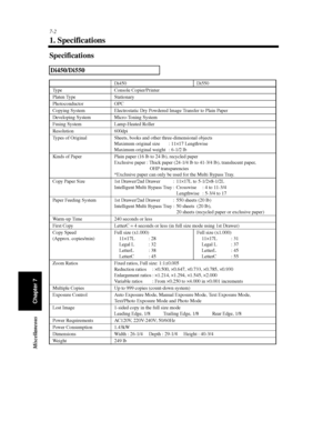 Page 2177-2
Chapter 7 Miscellaneous
1. Specifications
Specifications
Di450/Di550
Di450 Di550
Type Console Copier/Printer
Platen Type Stationary
Photoconductor OPC
Copying System Electrostatic Dry Powdered Image Transfer to Plain Paper
Developing System Micro-Toning System
Fusing System Lamp-Heated Roller
Resolution 600dpi
Types of Original Sheets, books and other three-dimensional objects
Maximum original size : 11×17 Lengthwise
Maximum original weight : 6-1/2 lb
Kinds of Paper Plain paper (16 lb to 24 lb),...