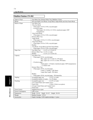 Page 2237-8
1. Specifications
Chapter 7 Miscellaneous
Mailbin Finisher FN-503
Types of Trays Top Offset Tray, Bottom Offset Tray, Mailbins (5 bins)
Modes Non-Sort Mode, Sort Mode, Group Mode, Staple Mode and Hole Punch Mode
Kinds of Paper Top Offset Tray
Non-Sort Mode
 Plain paper (16 lb to 24 lb), recycled paper
 Exclusive paper
Thickpaper(24-1/4lbto41-3/4lb),translucentpaper,OHP
transparencies
Hole Punch Mode
 Plain paper (16 lb to 24 lb), recycled paper
Bottom Offset Tray
Staple Mode
 Plain paper (16 lb...