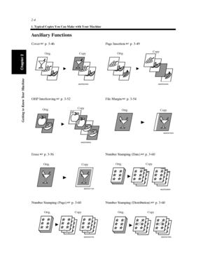 Page 272-4
1. Typical Copies You Can Make with Your Machine
Getting to Know Your Machine
Chapter 2
Auxiliary Functions
4002O023AA
Coverp. 3-46 Page Insertionp. 3-49
Orig. Copy
4002O024AA
Orig.Copy
4002O025AA
OHP Interleavingp. 3-52 File Marginp. 3-54
Orig.Copy
4002O070AA
Orig.
Copy
4002O071AA
Erasep. 3-56 Number Stamping (Date)p. 3-60
Orig.
Copy
4002O026AA
Orig. Copy
4002O027AA
Number Stamping (Page)p. 3-60 Number Stamping (Distribution)p. 3-60
Orig. Copy
4002O075AA
Orig. Copy
Downloaded From...