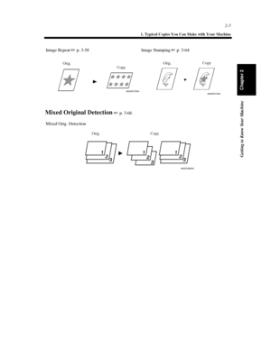 Page 282-5
1. Typical Copies You Can Make with Your Machine
Getting to Know Your Machine
Chapter 2
Mixed Original Detection p. 3-66
4002O072AA
Image Repeatp. 3-58 Image Stampingp. 3-64
Orig.
Copy
4002O073AA
Orig.Copy
4002O029AA
Mixed Orig. Detection
Orig. Copy
Downloaded From ManualsPrinter.com Manuals 