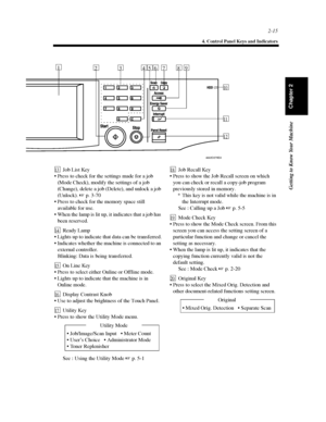 Page 382-15
4. Control Panel Keys and Indicators
Getting to Know Your Machine
Chapter 2
Job List Key
 Press to check for the settings made for a job
(Mode Check), modify the settings of a job
(Change), delete a job (Delete), and unlock a job
(Unlock).p. 3-70
 Press to check for the memory space still
available for use.
 When the lamp is lit up, it indicates that a job has
been reserved.
Ready Lamp
 Lights up to indicate that data can be transferred.
 Indicates whether the machine is connected to an...