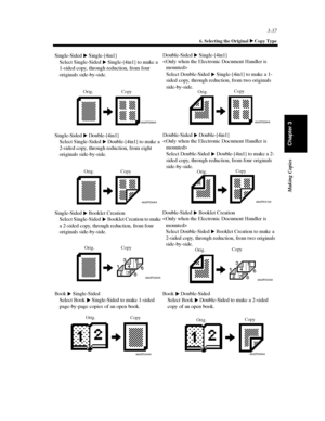 Page 803-37
6. Selecting the Original Copy Type
Making Copies
Chapter 3
4002P228AA
Single-Sided Single-[4in1]
Select Single-Sided Single-[4in1] to make a
1-sided copy, through reduction, from four
originals side-by-side.
Double-Sided Single-[4in1]

Select Double-Sided Single-[4in1] to make a 1-
sided copy, through reduction, from two originals
side-by-side.

4002P229AA
Orig. Copy
Orig.Copy
4002P230AA
Single-Sided Double-[4in1]
Select Single-Sided Double-[4in1] to make a
2-sided copy, through reduction, from...