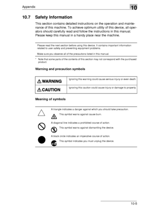 Page 119Appendix10
10-5
10.7 Safety Information
This section contains detailed instructions on the operation and mainte-
nance of this machine. To achieve optimum utility of this device, all oper-
ators should carefully read and follow the instructions in this manual. 
Please keep this manual in a handy place near the machine.
* Note that some parts of the contents of this section may not correspond with the purchased 
product.
Warning and precaution symbols
Meaning of symbols
Please read the next section before...