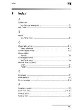 Page 129Index11
11-1
11 Index
A
Accessories
see Optional accessories
 ............................................................... 7-1
Add Printer
 ........................................................................................... 3-2
B
Button
see Panel button
 ............................................................................ 6-4
C
Cleaning the printer ........................................................................... 8-10
paper feed roller...