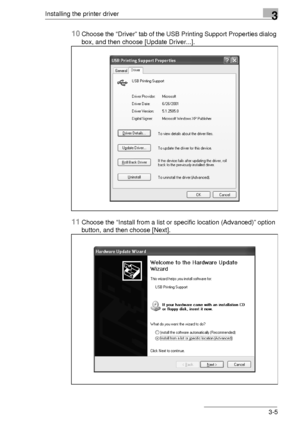 Page 29Installing the printer driver3
3-5
10Choose the “Driver” tab of the USB Printing Support Properties dialog 
box, and then choose [Update Driver...].
11Choose the “Install from a list or specific location (Advanced)” option 
button, and then choose [Next].
Downloaded From ManualsPrinter.com Manuals 