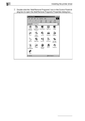 Page 583Installing the printer driver
3-34
2Double-click the “Add/Remove Programs” icon in the Control Panel di-
alog box to open the Add/Remove Programs Properties dialog box.
Downloaded From ManualsPrinter.com Manuals 