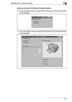 Page 71Working with the Status Display5
5-3 Altering the size of the Status Display window
➜From the Display menu choose Status (Reduce)” to decrease the size 
of the window.
➜From the Display menu choose Status (Expand) to increase the size 
of the window.
Downloaded From ManualsPrinter.com Manuals 