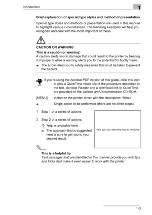 Page 9Introduction1
1-3 Brief explanation of special type styles and method of presentation
Special type styles and methods of presentation are used in this manual 
to highlight various circumstances. The following examples will help you 
recognize and deal with the most important of these.
CAUTION OR WARNING
This is a caution or warning!
A caution alerts you to damage that could result to the printer by treating 
it improperly while a warning alerts you to the potential for bodily harm.
➜The arrow refers you...