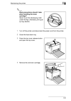 Page 89Maintaining the printer8
8-3
✎
What precautions should I take 
when handling the toner 
cartridge?
Never touch the developing roller 
under the flap; otherwise, print qual-
ity may decline.
1Turn off the printer and disconnect the power cord from the printer.
2Close the face-down tray.
3Press the top cover release button 
and open the top cover.
4Remove the old toner cartridge.
Downloaded From ManualsPrinter.com Manuals 