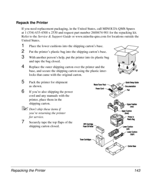 Page 143Repacking the Printer 143
Repack the Printer
If you need replacement packaging, in the United States, call MINOLTA-QMS Spares 
at 1 (334) 633-4300 x 2530 and request part number 2600674-901 for the repacking kit. 
Refer to the Service & Support Guide
 or www.minolta-qms.com for locations outside the 
United States.
1Place the lower cushions into the shipping carton’s base.
2Put the printer’s plastic bag into the shipping carton’s base.
3With another person’s help, put the printer into its plastic bag...