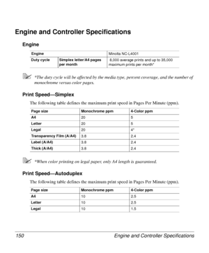 Page 150Engine and Controller Specifications 150
Engine and Controller Specifications
Engine
5*The duty cycle will be affected by the media type, percent coverage, and the number of 
monochrome versus color pages.
Print Speed—Simplex 
The following table defines the maximum print speed in Pages Per Minute (ppm).
5*When color printing on legal paper, only A4 length is guaranteed.
Print Speed—Autoduplex
The following table defines the maximum print speed in Pages Per Minute (ppm).
Engine
Minolta NC-L4001
Duty...